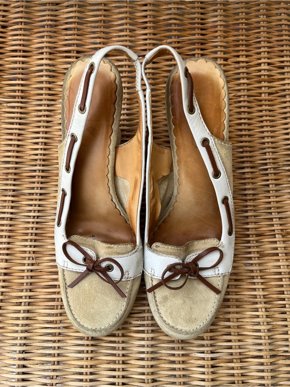 Coach Athena White and Tan Women's Slingback Loafer Wedges